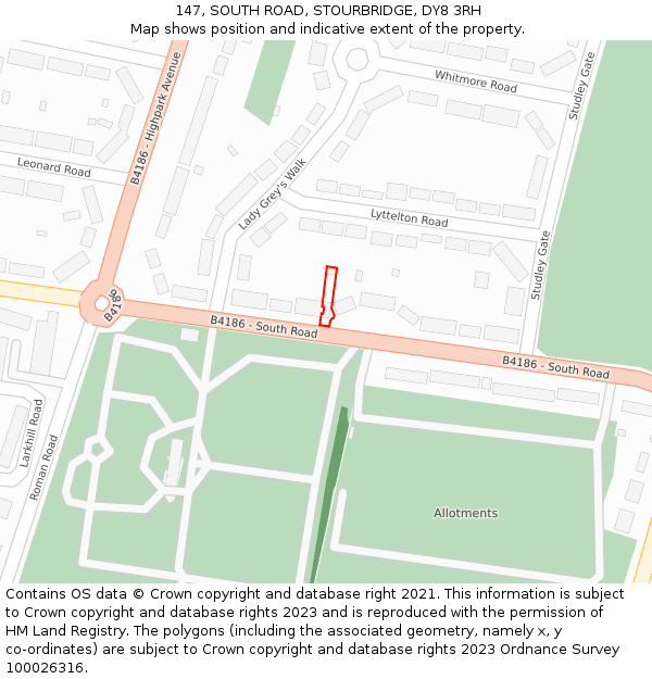 147, SOUTH ROAD, STOURBRIDGE, DY8 3RH: Location map and indicative extent of plot