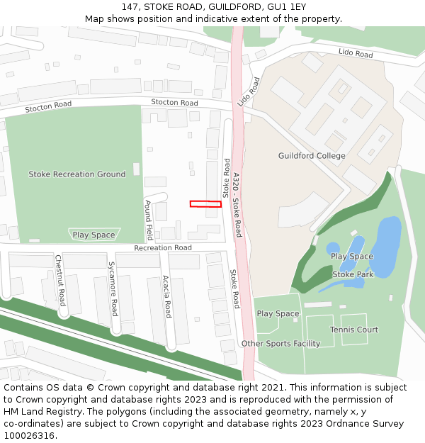 147, STOKE ROAD, GUILDFORD, GU1 1EY: Location map and indicative extent of plot