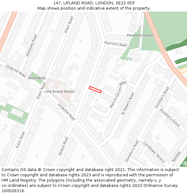 147, UPLAND ROAD, LONDON, SE22 0DF: Location map and indicative extent of plot