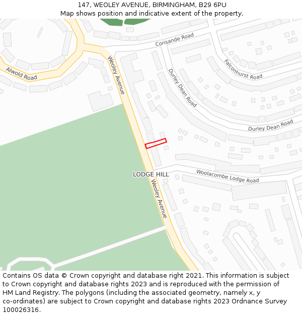 147, WEOLEY AVENUE, BIRMINGHAM, B29 6PU: Location map and indicative extent of plot