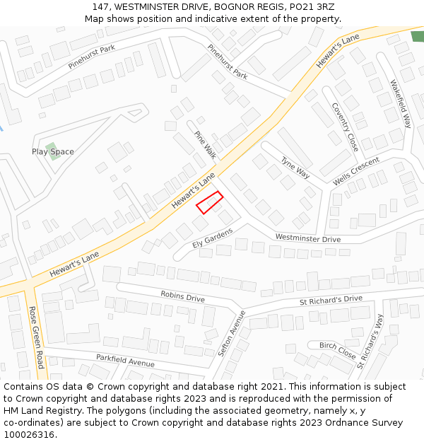 147, WESTMINSTER DRIVE, BOGNOR REGIS, PO21 3RZ: Location map and indicative extent of plot