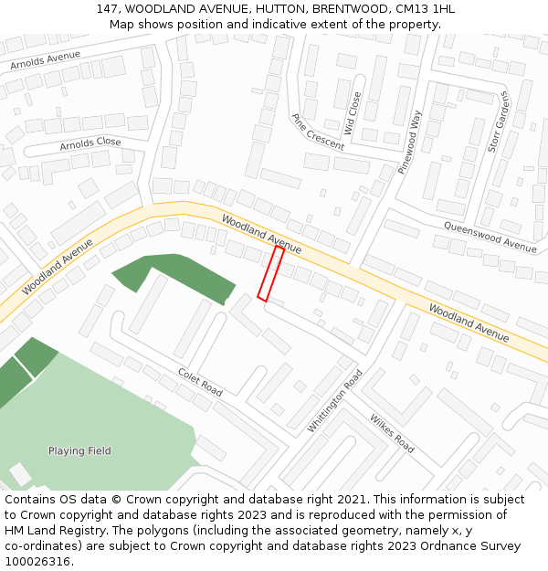 147, WOODLAND AVENUE, HUTTON, BRENTWOOD, CM13 1HL: Location map and indicative extent of plot