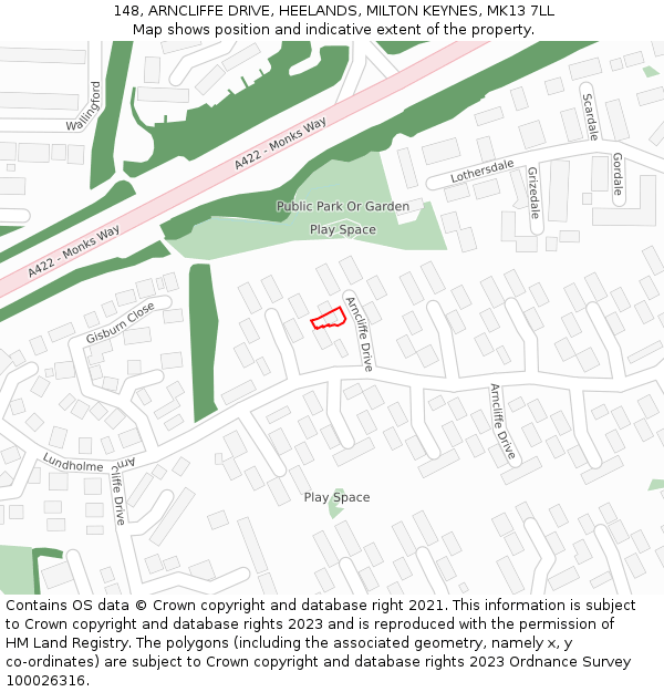 148, ARNCLIFFE DRIVE, HEELANDS, MILTON KEYNES, MK13 7LL: Location map and indicative extent of plot