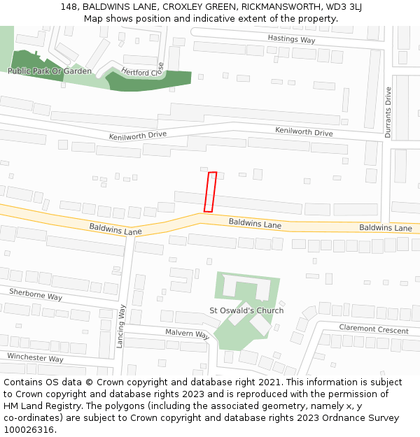 148, BALDWINS LANE, CROXLEY GREEN, RICKMANSWORTH, WD3 3LJ: Location map and indicative extent of plot