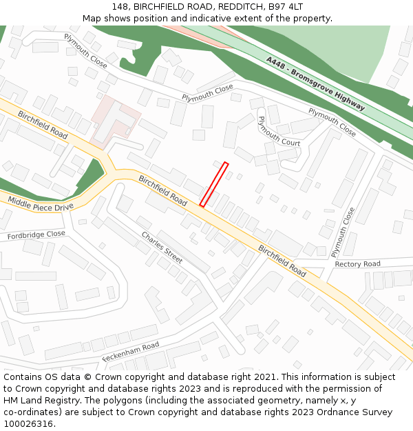 148, BIRCHFIELD ROAD, REDDITCH, B97 4LT: Location map and indicative extent of plot