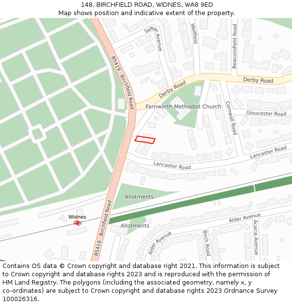 148, BIRCHFIELD ROAD, WIDNES, WA8 9ED: Location map and indicative extent of plot