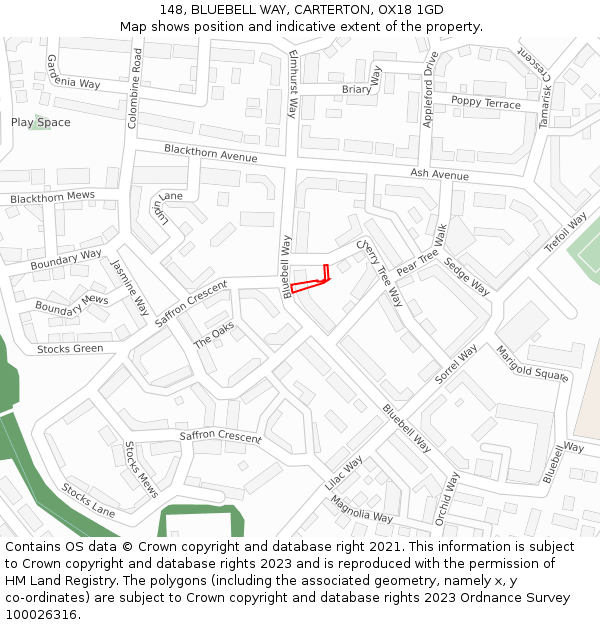 148, BLUEBELL WAY, CARTERTON, OX18 1GD: Location map and indicative extent of plot