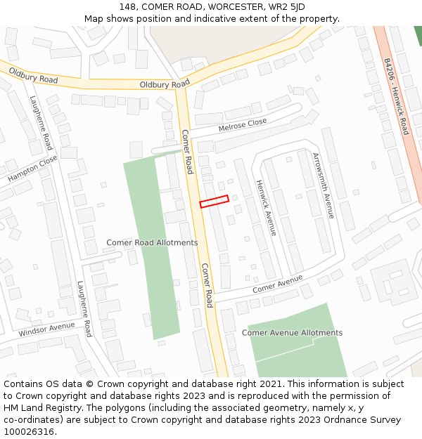 148, COMER ROAD, WORCESTER, WR2 5JD: Location map and indicative extent of plot
