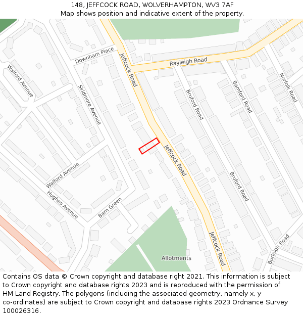 148, JEFFCOCK ROAD, WOLVERHAMPTON, WV3 7AF: Location map and indicative extent of plot