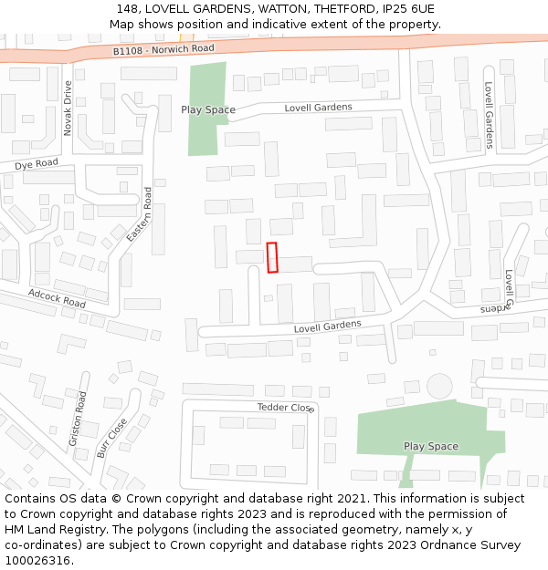 148, LOVELL GARDENS, WATTON, THETFORD, IP25 6UE: Location map and indicative extent of plot