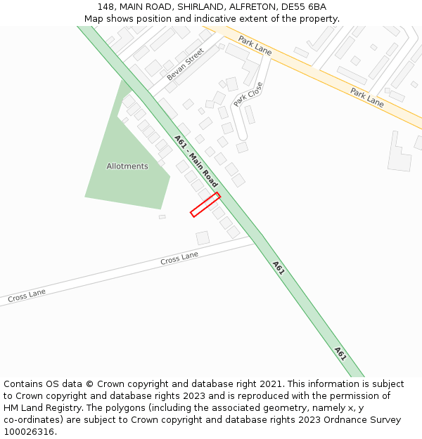 148, MAIN ROAD, SHIRLAND, ALFRETON, DE55 6BA: Location map and indicative extent of plot