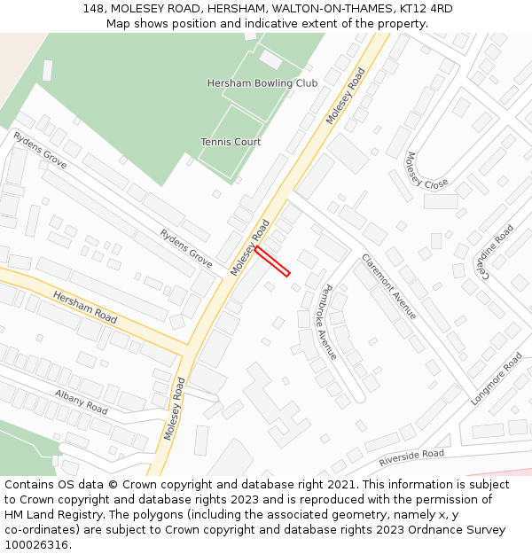 148, MOLESEY ROAD, HERSHAM, WALTON-ON-THAMES, KT12 4RD: Location map and indicative extent of plot