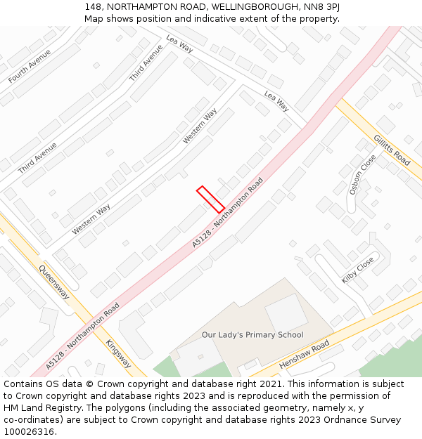 148, NORTHAMPTON ROAD, WELLINGBOROUGH, NN8 3PJ: Location map and indicative extent of plot