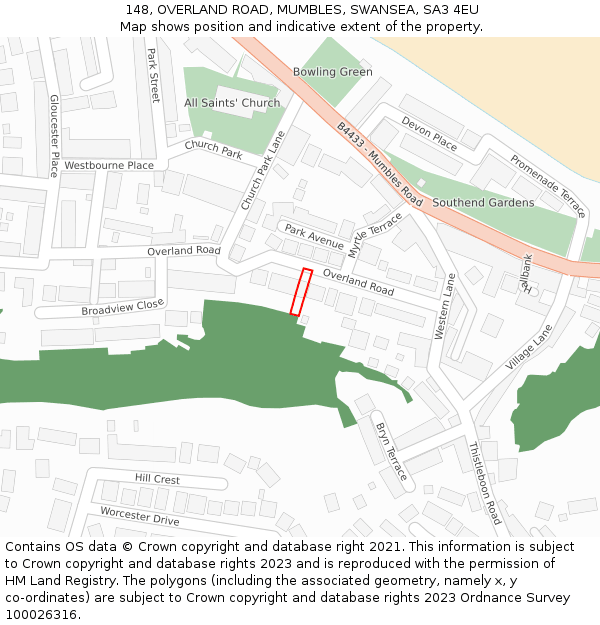 148, OVERLAND ROAD, MUMBLES, SWANSEA, SA3 4EU: Location map and indicative extent of plot