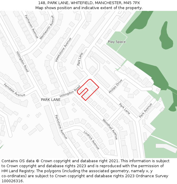 148, PARK LANE, WHITEFIELD, MANCHESTER, M45 7PX: Location map and indicative extent of plot