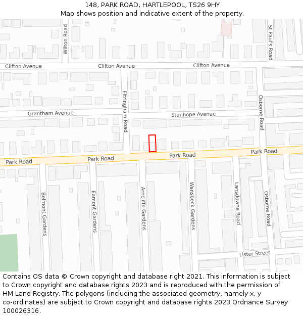 148, PARK ROAD, HARTLEPOOL, TS26 9HY: Location map and indicative extent of plot