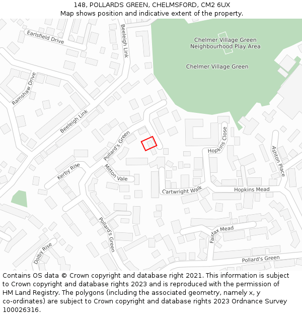 148, POLLARDS GREEN, CHELMSFORD, CM2 6UX: Location map and indicative extent of plot