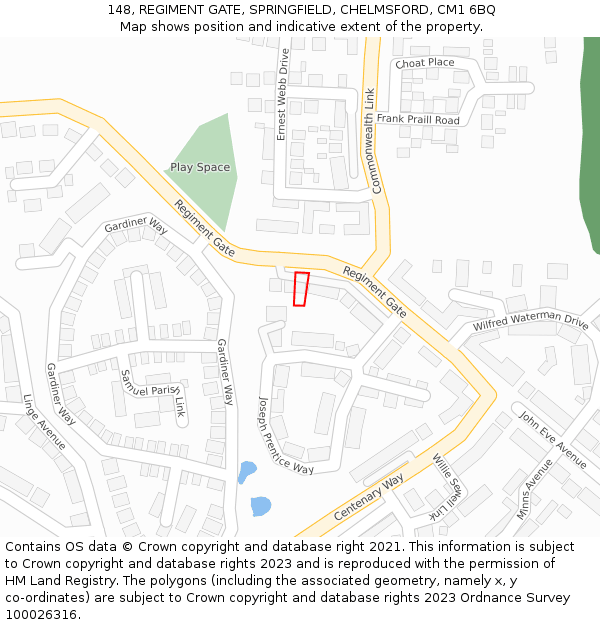 148, REGIMENT GATE, SPRINGFIELD, CHELMSFORD, CM1 6BQ: Location map and indicative extent of plot