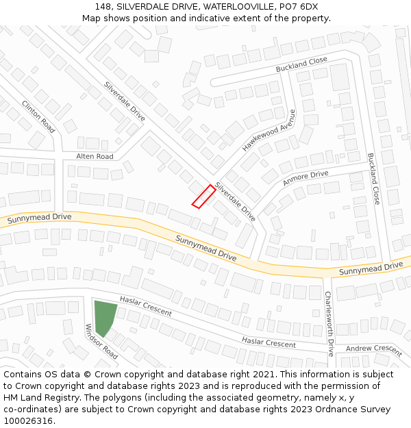 148, SILVERDALE DRIVE, WATERLOOVILLE, PO7 6DX: Location map and indicative extent of plot