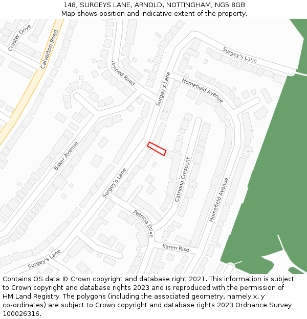 148, SURGEYS LANE, ARNOLD, NOTTINGHAM, NG5 8GB: Location map and indicative extent of plot