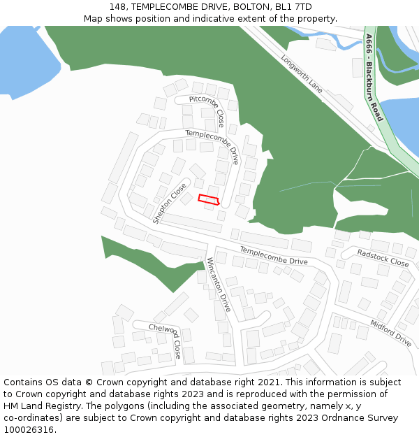 148, TEMPLECOMBE DRIVE, BOLTON, BL1 7TD: Location map and indicative extent of plot