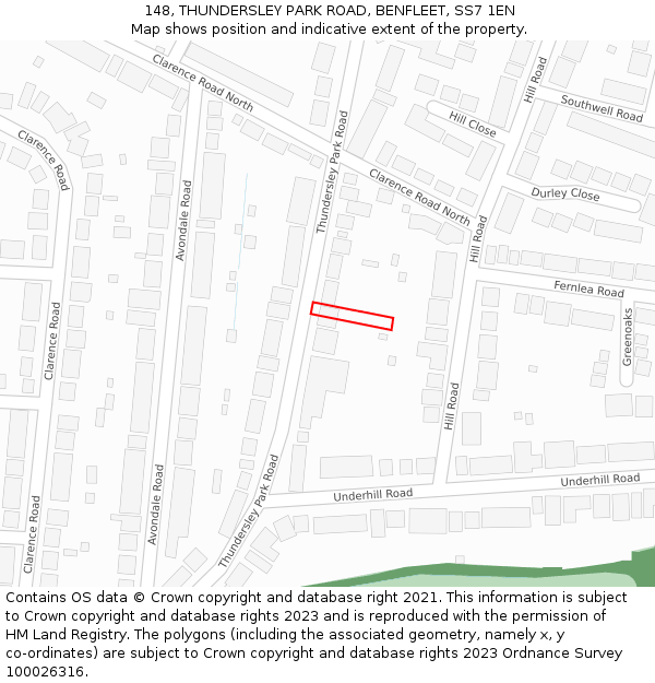 148, THUNDERSLEY PARK ROAD, BENFLEET, SS7 1EN: Location map and indicative extent of plot