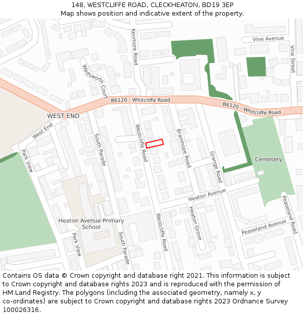 148, WESTCLIFFE ROAD, CLECKHEATON, BD19 3EP: Location map and indicative extent of plot