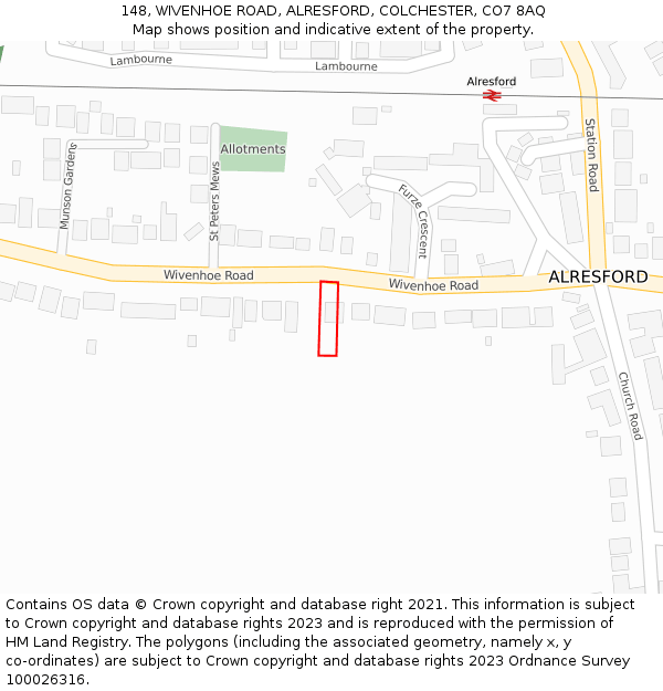 148, WIVENHOE ROAD, ALRESFORD, COLCHESTER, CO7 8AQ: Location map and indicative extent of plot