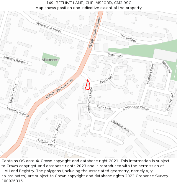 149, BEEHIVE LANE, CHELMSFORD, CM2 9SG: Location map and indicative extent of plot