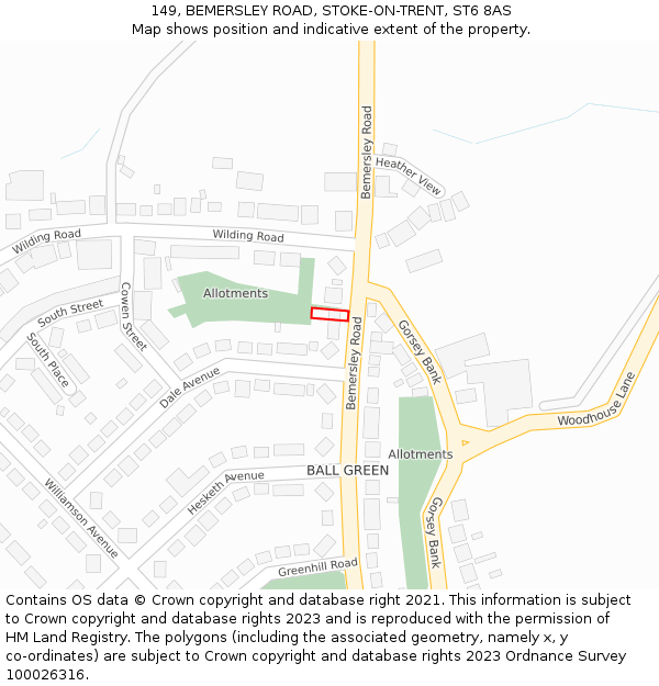 149, BEMERSLEY ROAD, STOKE-ON-TRENT, ST6 8AS: Location map and indicative extent of plot