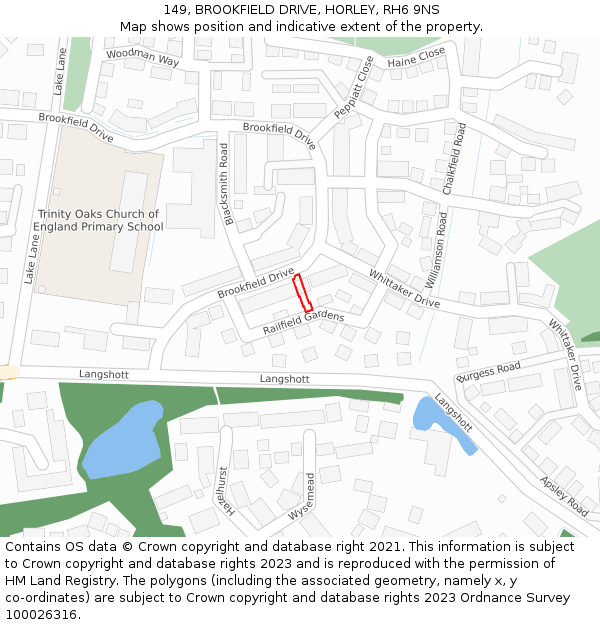 149, BROOKFIELD DRIVE, HORLEY, RH6 9NS: Location map and indicative extent of plot