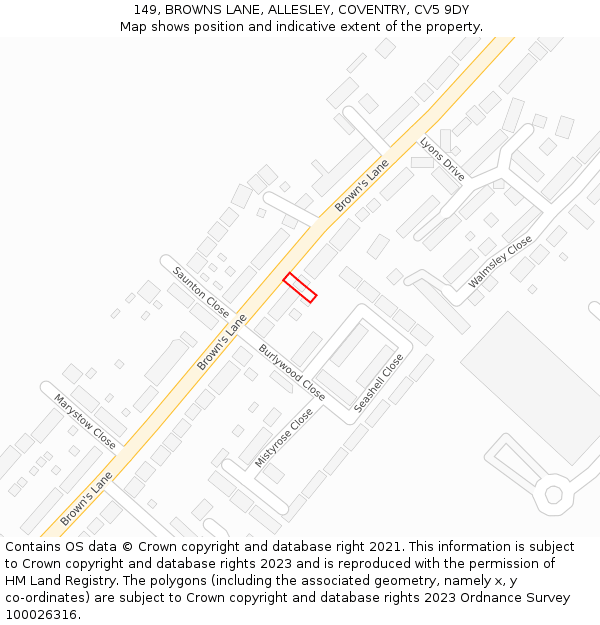 149, BROWNS LANE, ALLESLEY, COVENTRY, CV5 9DY: Location map and indicative extent of plot