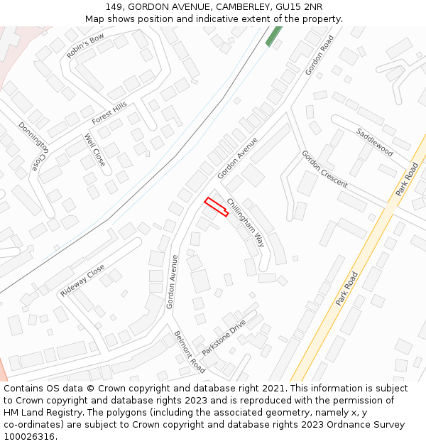 149, GORDON AVENUE, CAMBERLEY, GU15 2NR: Location map and indicative extent of plot