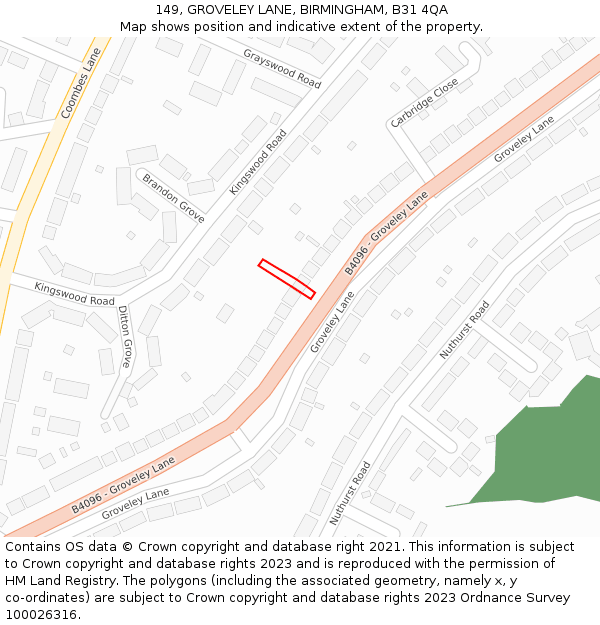 149, GROVELEY LANE, BIRMINGHAM, B31 4QA: Location map and indicative extent of plot