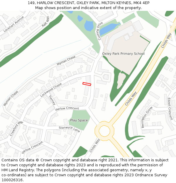 149, HARLOW CRESCENT, OXLEY PARK, MILTON KEYNES, MK4 4EP: Location map and indicative extent of plot