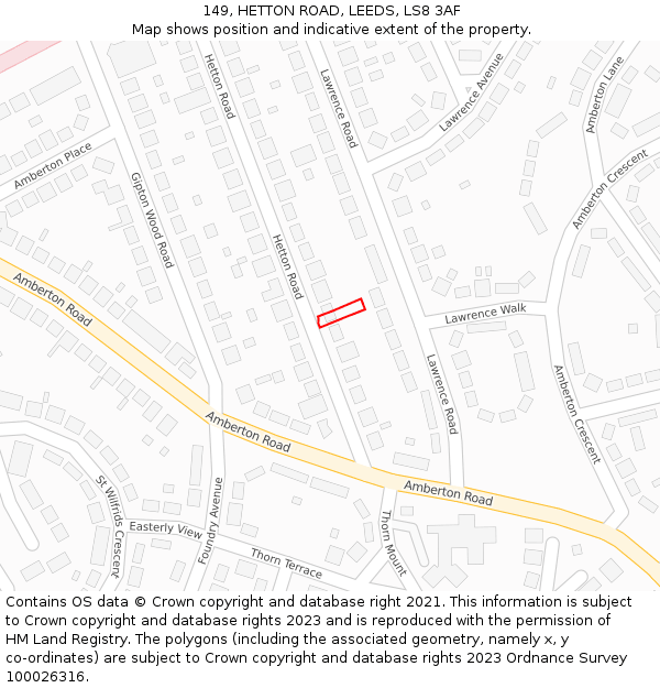 149, HETTON ROAD, LEEDS, LS8 3AF: Location map and indicative extent of plot