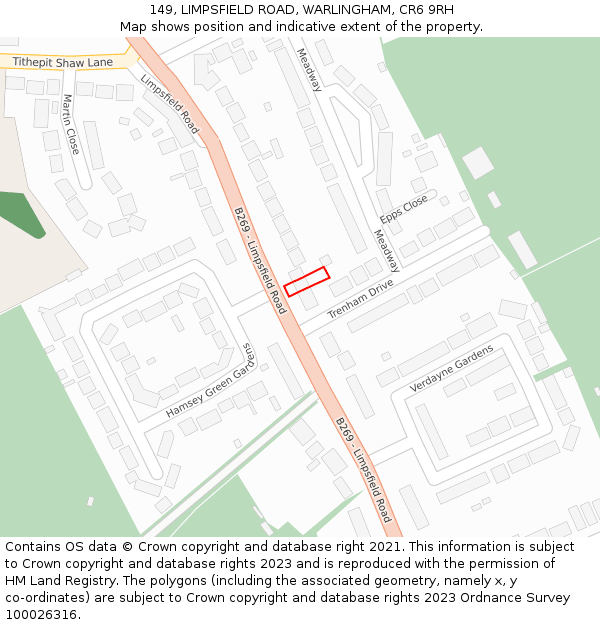 149, LIMPSFIELD ROAD, WARLINGHAM, CR6 9RH: Location map and indicative extent of plot