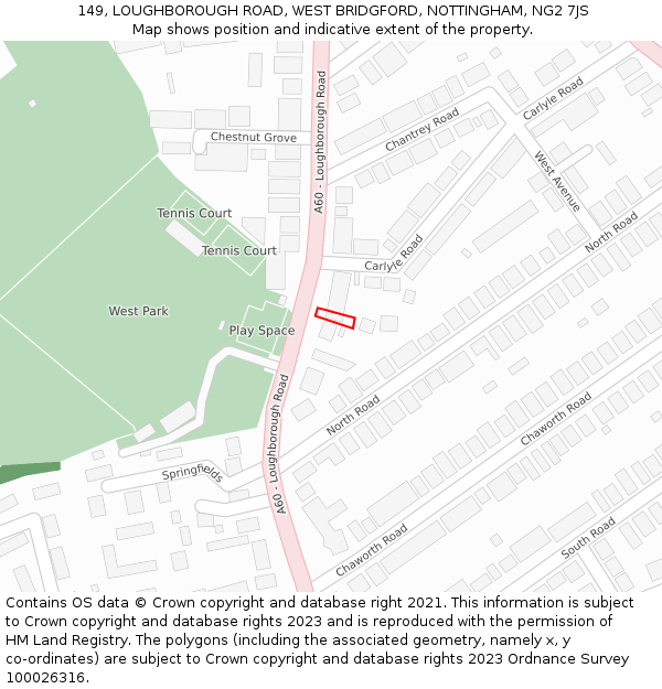 149, LOUGHBOROUGH ROAD, WEST BRIDGFORD, NOTTINGHAM, NG2 7JS: Location map and indicative extent of plot