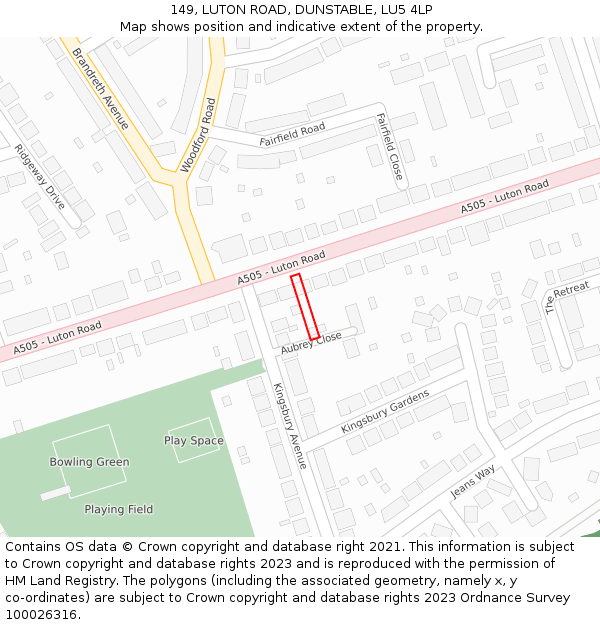 149, LUTON ROAD, DUNSTABLE, LU5 4LP: Location map and indicative extent of plot