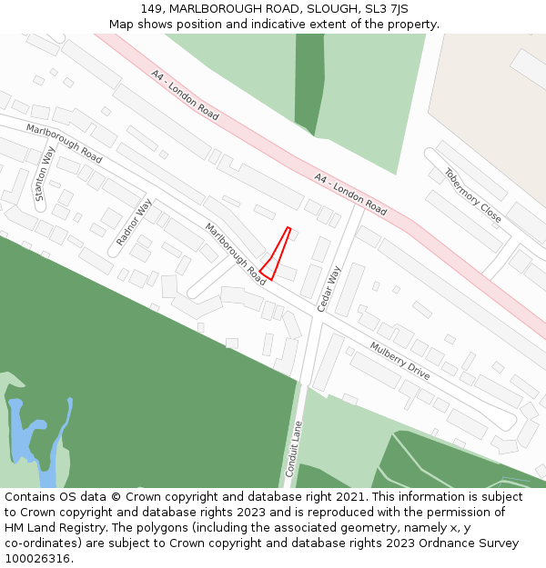 149, MARLBOROUGH ROAD, SLOUGH, SL3 7JS: Location map and indicative extent of plot