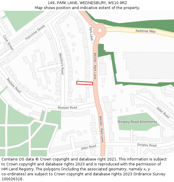 149, PARK LANE, WEDNESBURY, WS10 9RZ: Location map and indicative extent of plot