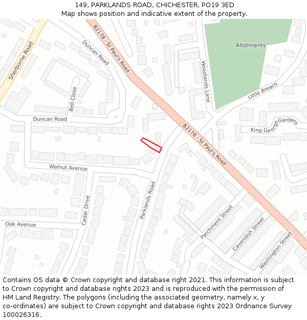 149, PARKLANDS ROAD, CHICHESTER, PO19 3ED: Location map and indicative extent of plot