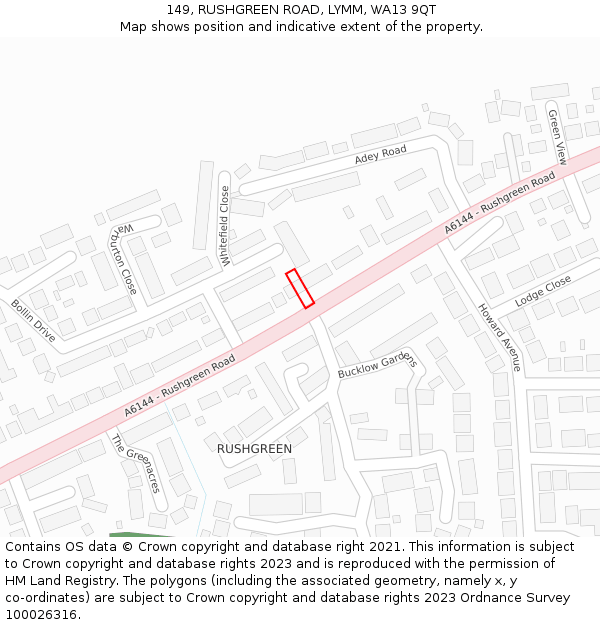 149, RUSHGREEN ROAD, LYMM, WA13 9QT: Location map and indicative extent of plot