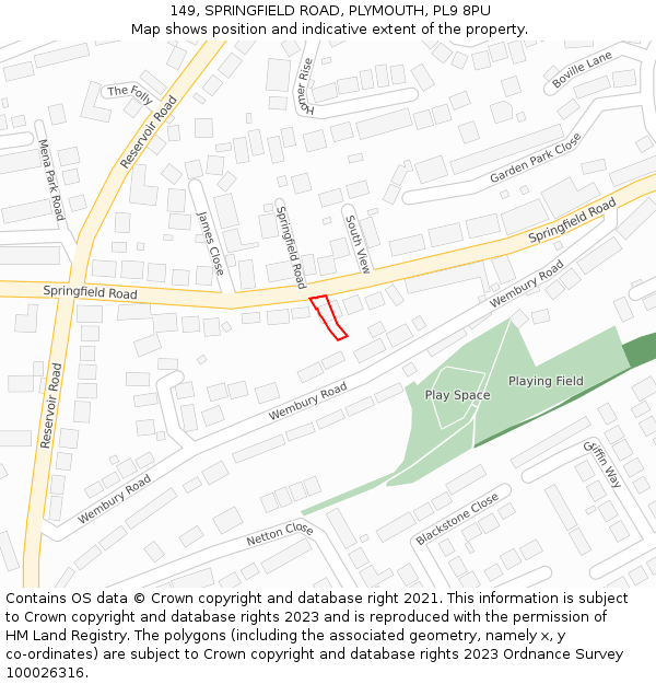 149, SPRINGFIELD ROAD, PLYMOUTH, PL9 8PU: Location map and indicative extent of plot