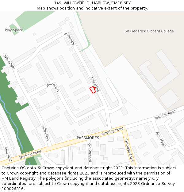 149, WILLOWFIELD, HARLOW, CM18 6RY: Location map and indicative extent of plot