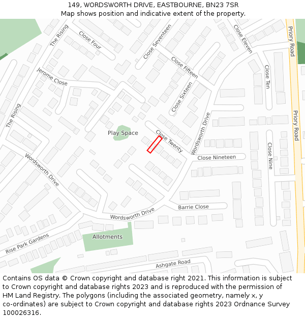 149, WORDSWORTH DRIVE, EASTBOURNE, BN23 7SR: Location map and indicative extent of plot