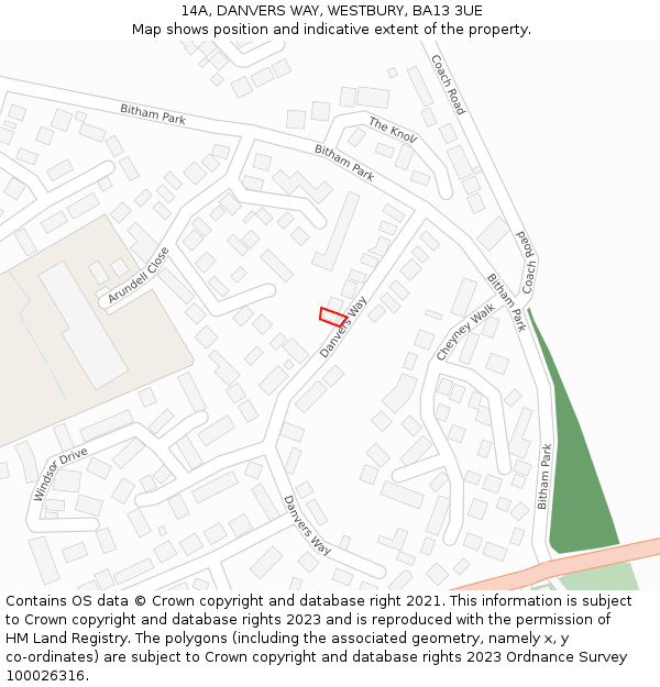 14A, DANVERS WAY, WESTBURY, BA13 3UE: Location map and indicative extent of plot