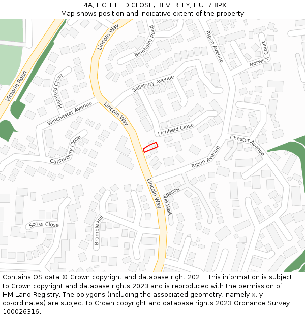 14A, LICHFIELD CLOSE, BEVERLEY, HU17 8PX: Location map and indicative extent of plot