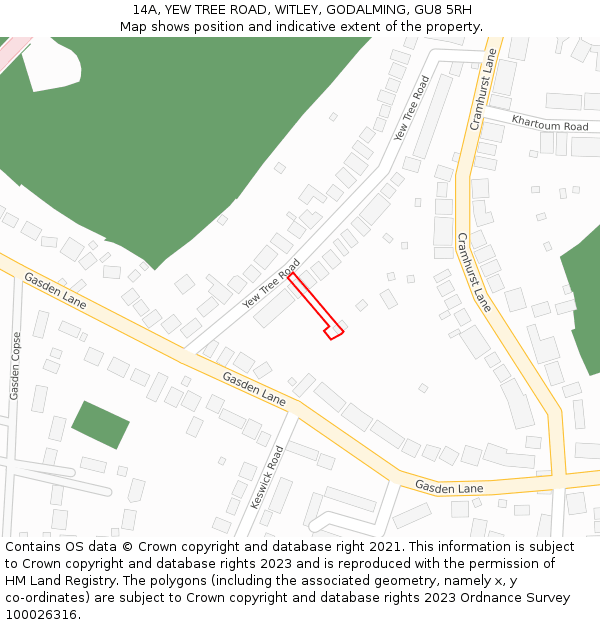 14A, YEW TREE ROAD, WITLEY, GODALMING, GU8 5RH: Location map and indicative extent of plot