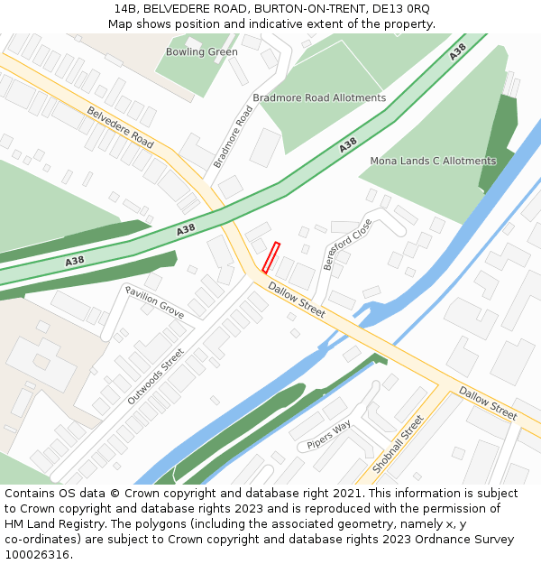 14B, BELVEDERE ROAD, BURTON-ON-TRENT, DE13 0RQ: Location map and indicative extent of plot